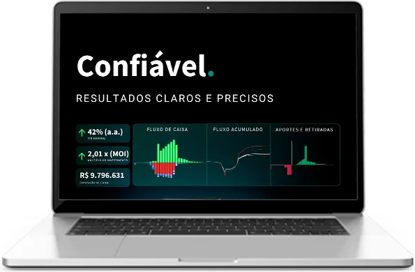 Tela de resultados do RExSoft num notebook: TIR, múltiplo, exposição de caixa e gráficos de fluxo
